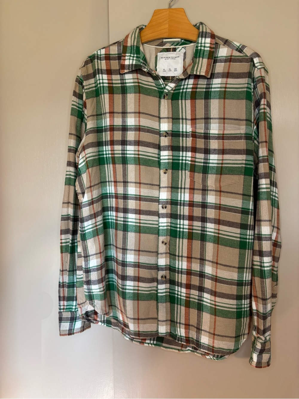 Denim & Flower Green Tan Plaid Button-Down Shirt size XL